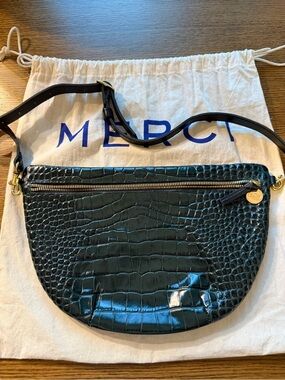 Clare V Croc-Embossed Dark Green Crossbody Bag with Gold Hardware
